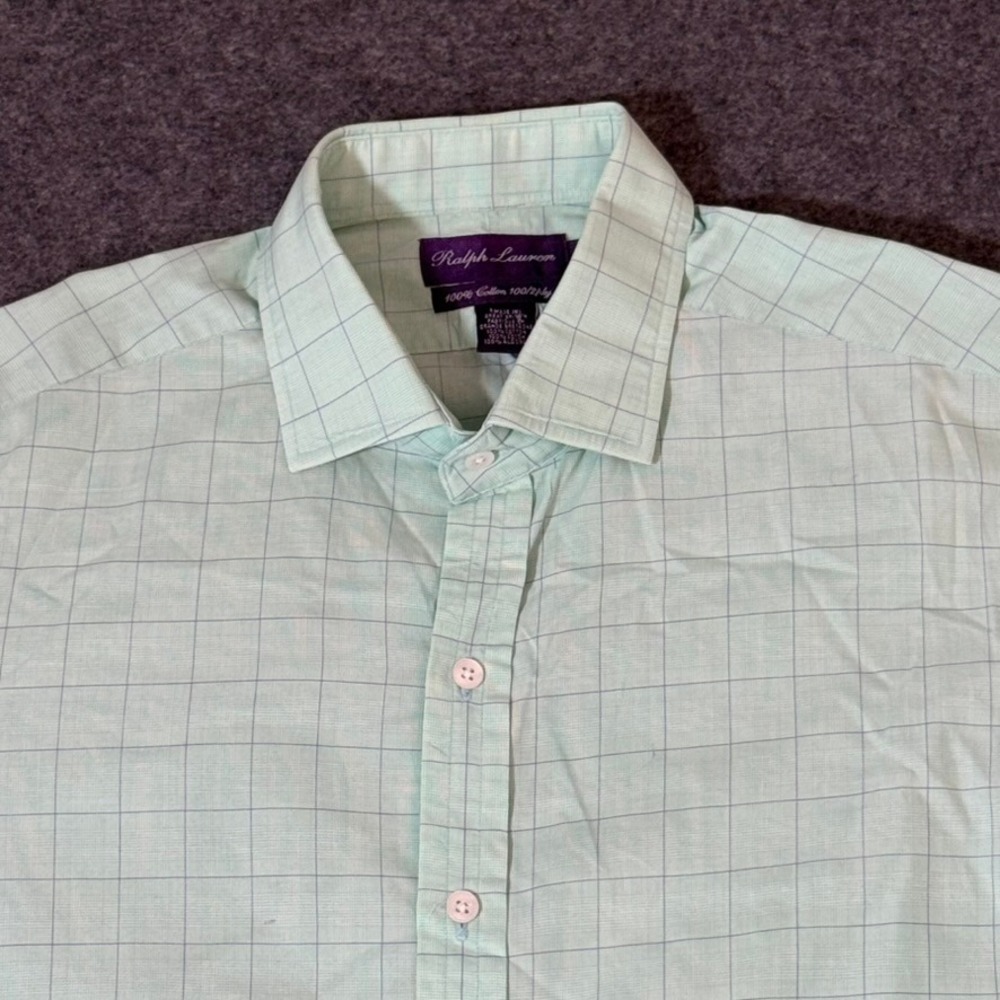 Ralph Lauren Purple Label Mens Mint Green Windowpane Cotton Dress Shirt 16.5 L - Picture 3 of 10